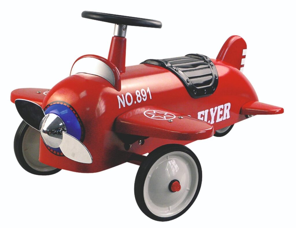 The Goki Classic Ride-on Aeroplane, a red vintage-style metal toy plane with a working propeller and steering wheel.