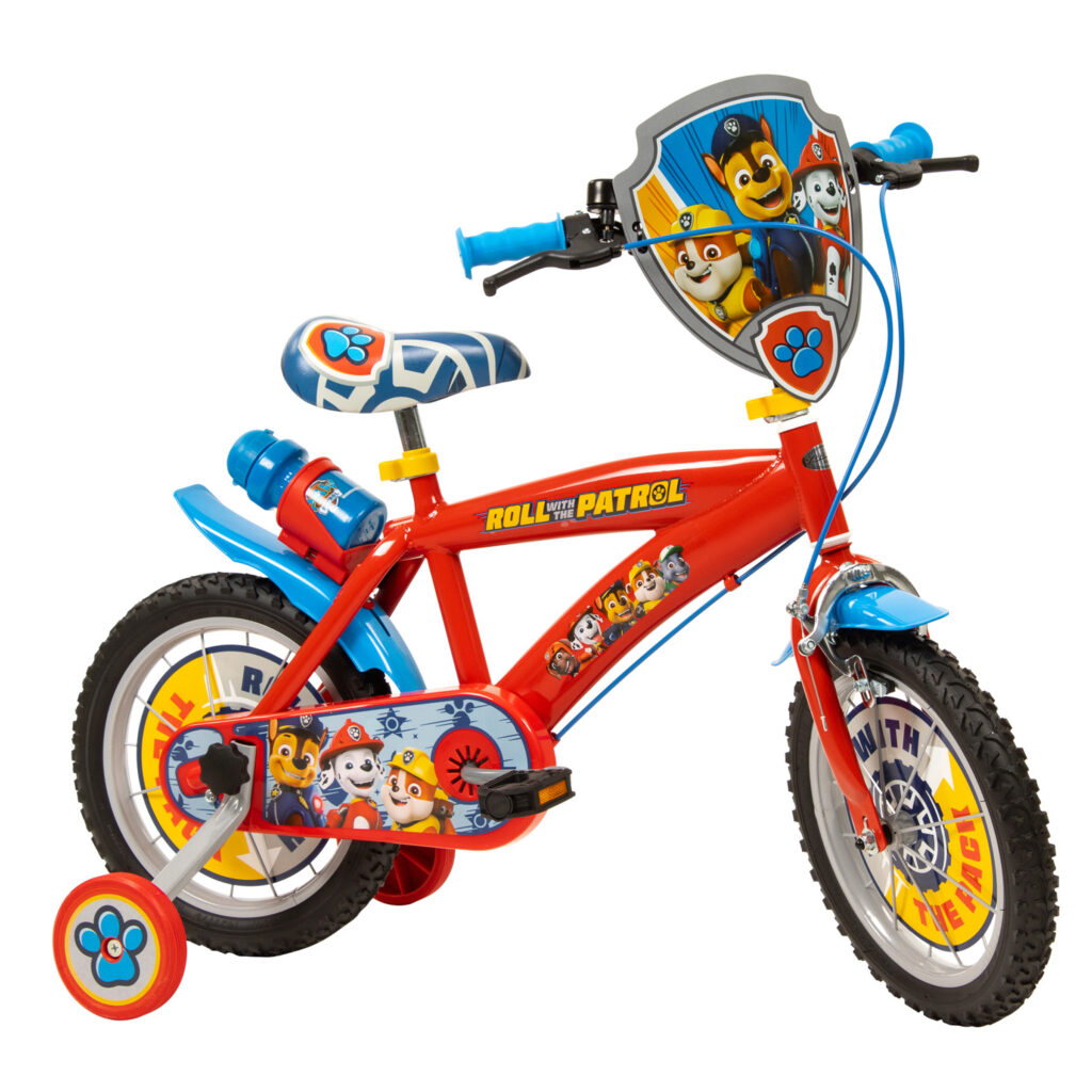 The Toimsa Paw Patrol 14 Inch Bicycle in red and blue, a kids bike with stabilisers, a front shield, and a drinks bottle, featuring Chase, Marshall, and Rubble graphics.