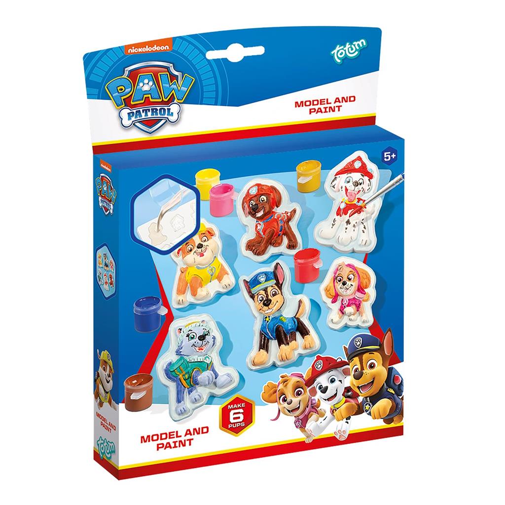 The box for the Totum Paw Patrol Plaster Figure Painting Set, showing how to paint the 6 included plaster pup figures.