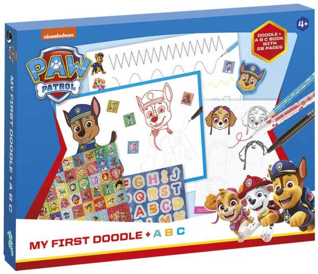 The box for the Totum Paw Patrol My First Doodle ABC Activity Set, showing the doodle book, stickers, and pens with Chase, Marshall, and Skye.
