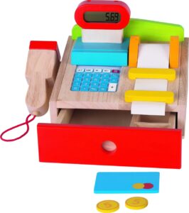 The Goki Wooden Cash Register, a colourful toy till with a working calculator, a handheld scanner, and play money.