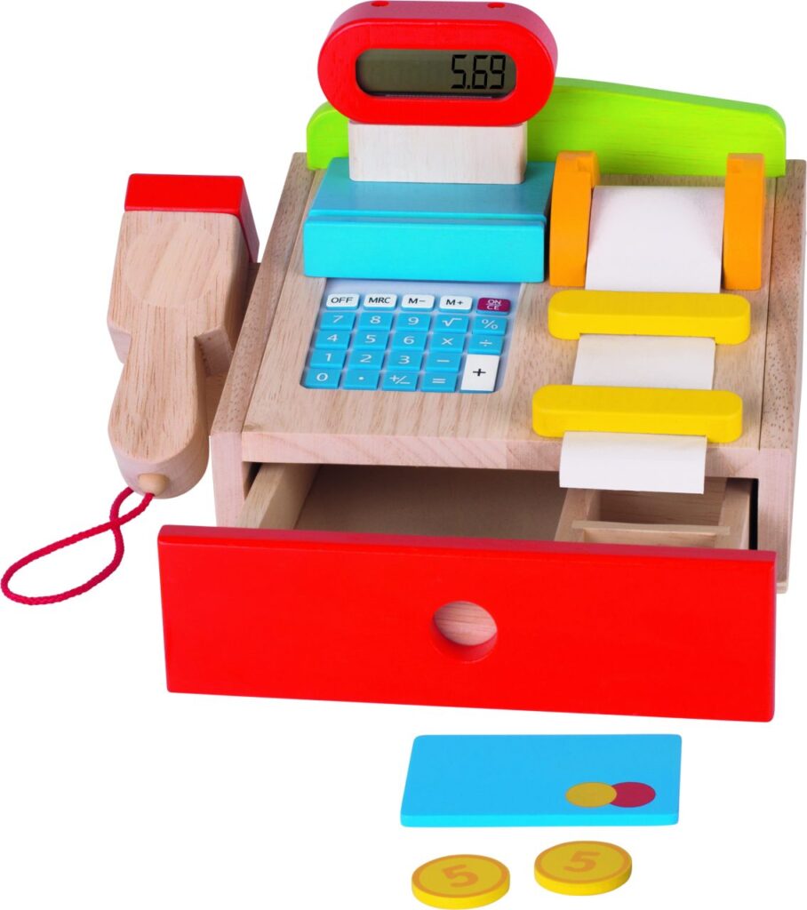 The Goki Wooden Cash Register, a colourful toy till with a working calculator, a handheld scanner, and play money.