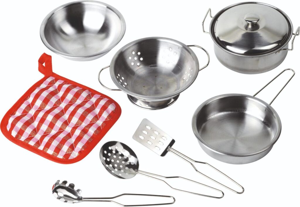 The Goki Children's Cooking Set, an 8-piece playset showing a collection of miniature stainless steel pots, pans, and utensils with a red pot holder.