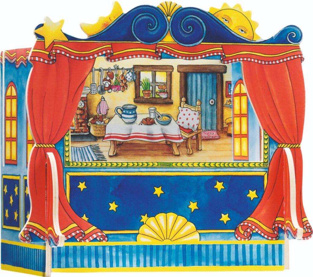 The Goki Finger-Puppet Theatre, a colourful tabletop stage with red curtains and a changeable backdrop showing a cosy room.