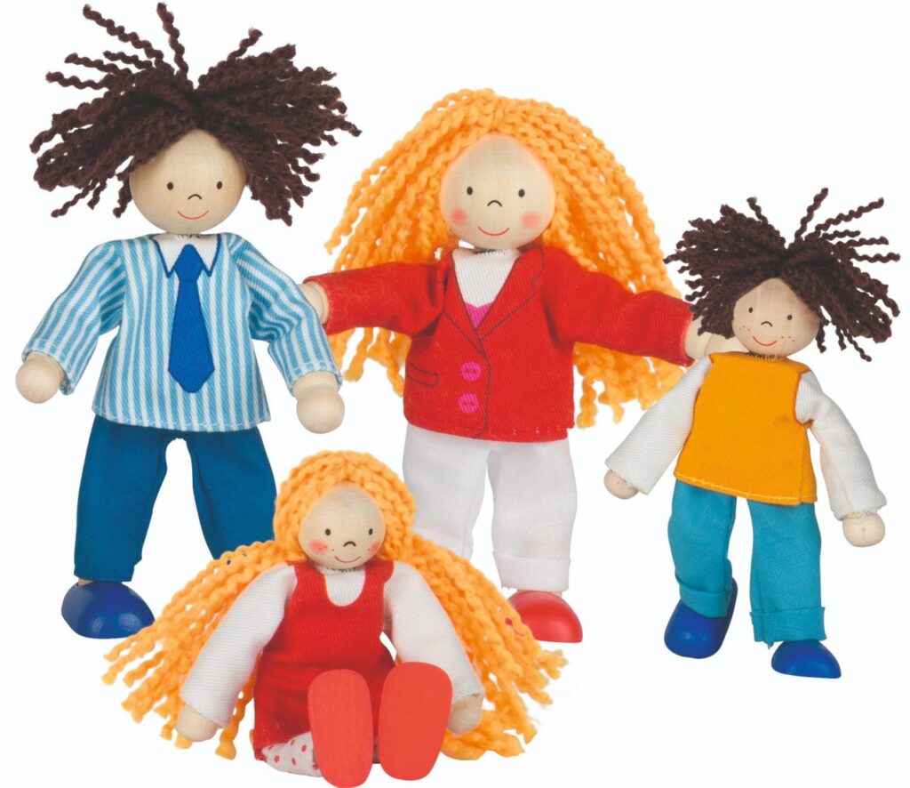 The Goki Flexible Puppets - Lifestyle Family, a set of four wooden and fabric dolls with yarn hair and posable limbs.