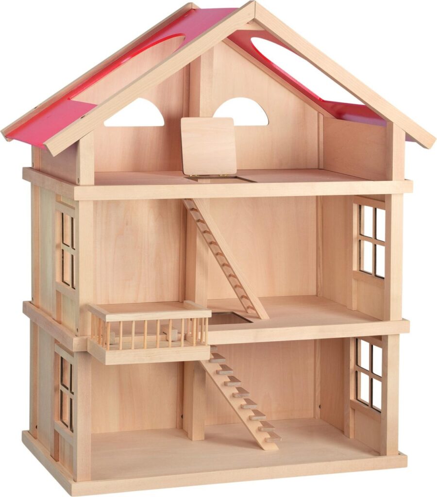 The Goki Doll's House - 3 Floors, a large three-story wooden doll's house with a pink roof and open front for play.
