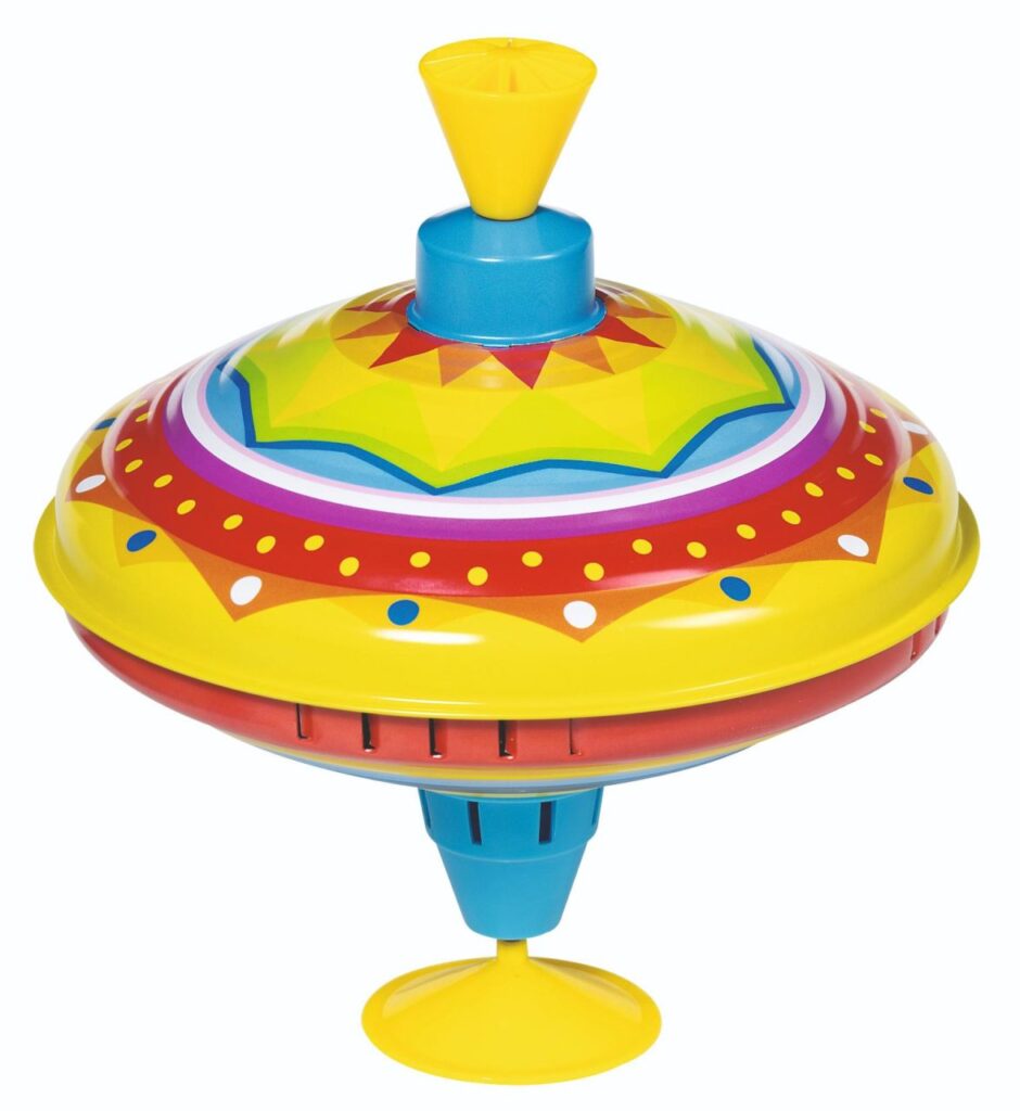 The Goki Classic Humming Top, a colourful metal spinning top with a push-handle, ready to spin.