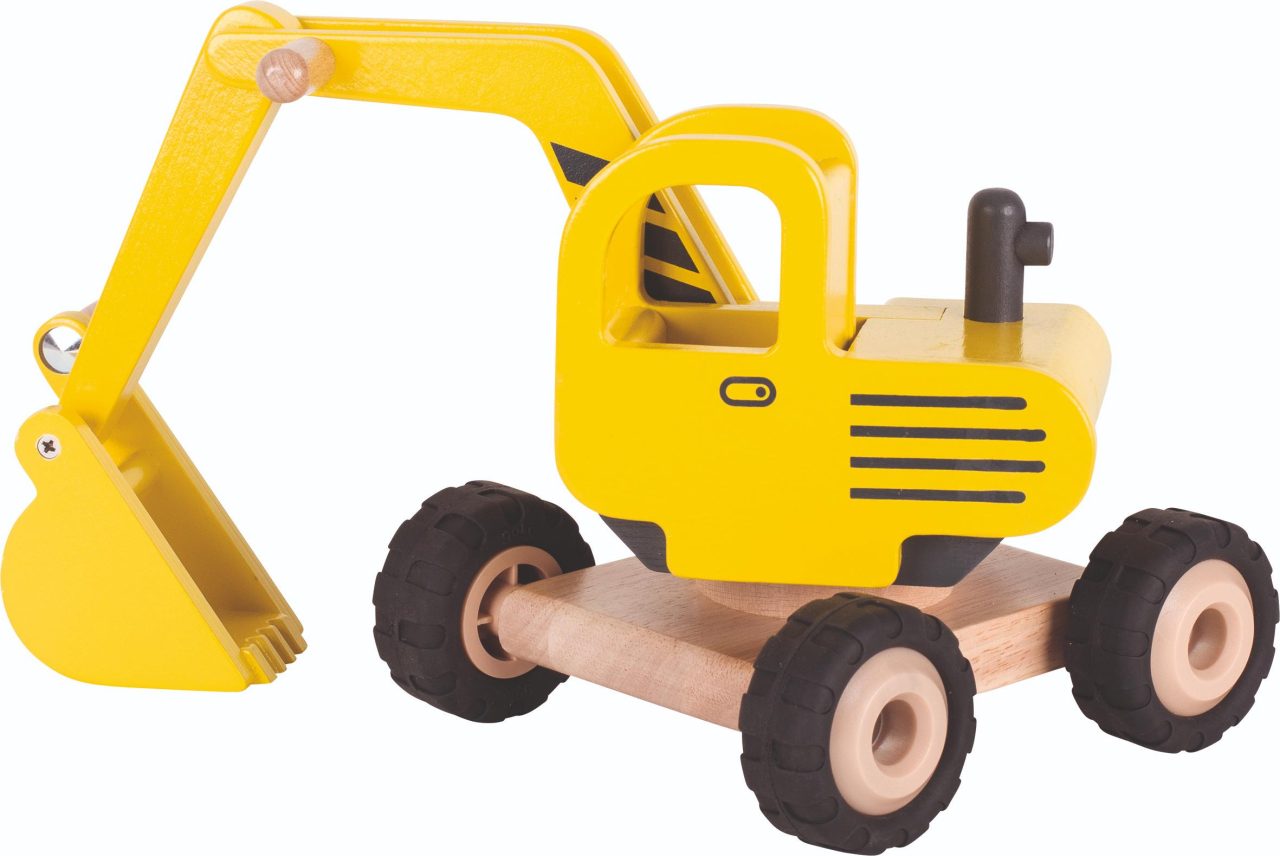 The Goki Wooden Excavator, a yellow and natural wood toy vehicle with a fully articulated digging arm and rubber wheels.