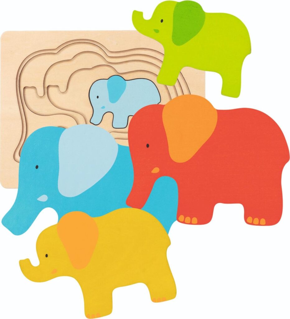The Goki Elephant Layer Puzzle board, with four colourful elephant pieces of different sizes shown next to it.
