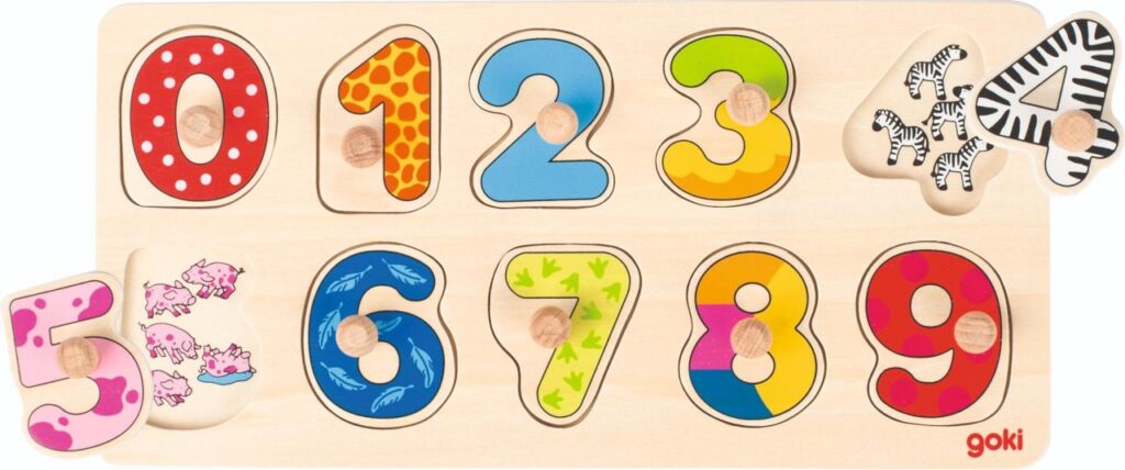 The Goki Learn to Count Puzzle, a wooden peg board with colourful number pieces from 0 to 9, showing the animal illustrations underneath the lifted pieces.