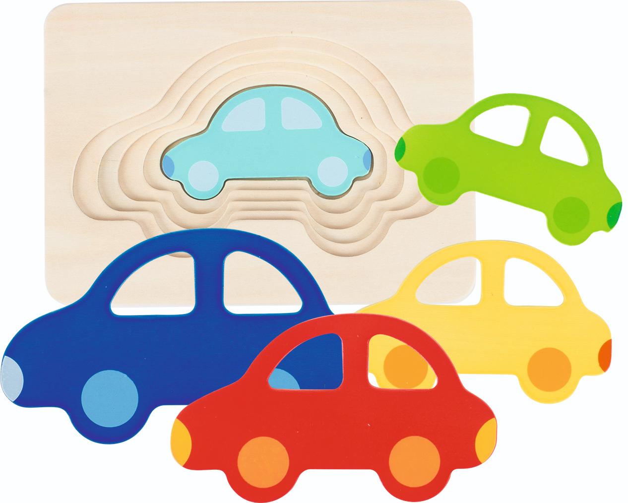 The Goki Car Layer Puzzle board, with four colourful car pieces of different sizes shown next to it.