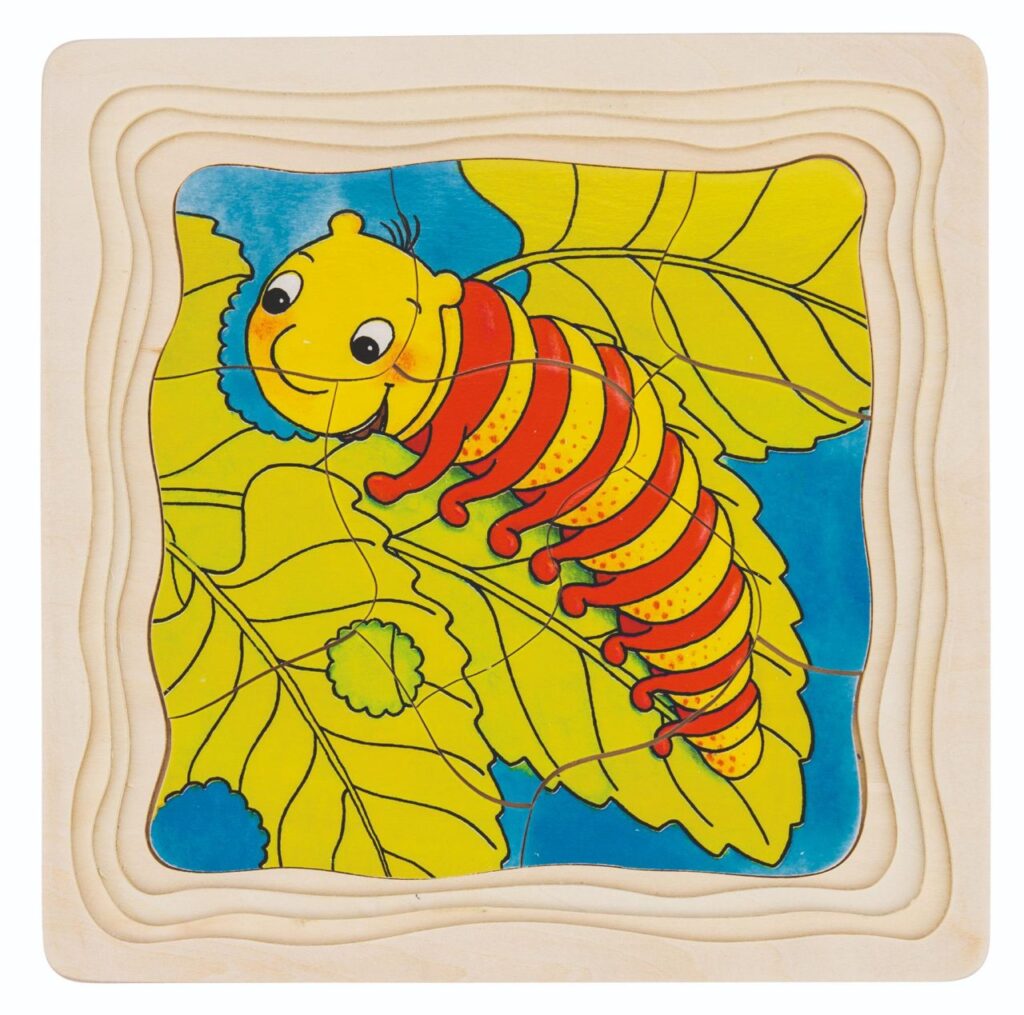 The Goki Caterpillar Layer Puzzle, a multi-layered wooden puzzle showing the top layer with a friendly caterpillar on a leaf.