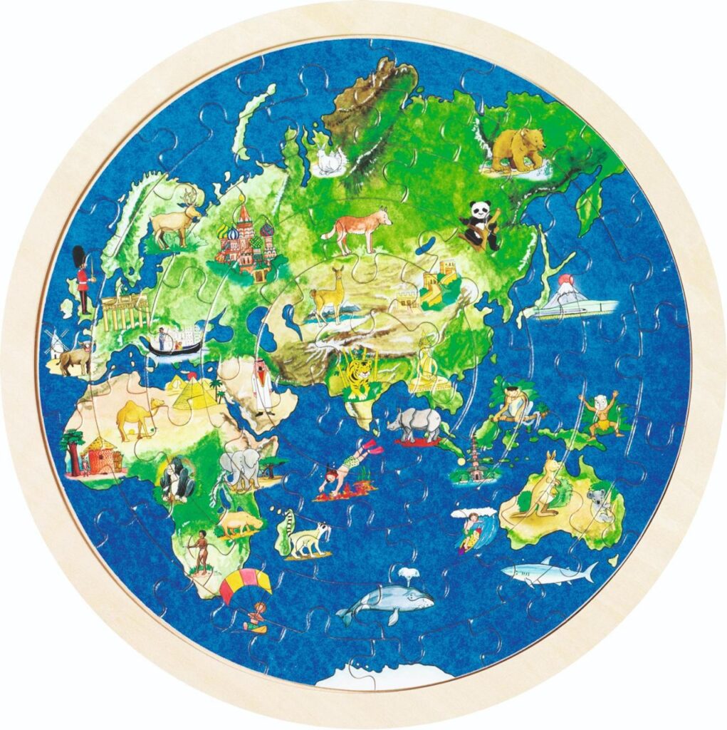 The Goki Puzzle World Map, a circular wooden jigsaw puzzle showing the continents illustrated with landmarks and animals, set within a round frame.