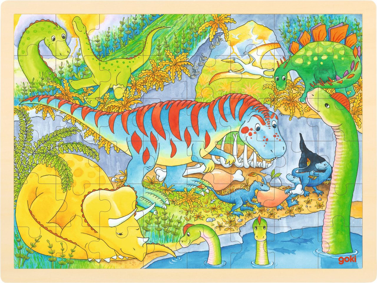 The completed Goki Puzzle - Dinosaurs, a 48-piece wooden jigsaw showing a colourful prehistoric scene with a T-Rex, Triceratops, and other friendly dinosaurs.