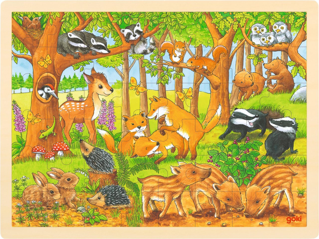 The completed Goki Puzzle - Baby Animals in the Forest, a 48-piece wooden jigsaw showing a woodland scene with foxes, deer, rabbits, and badgers.