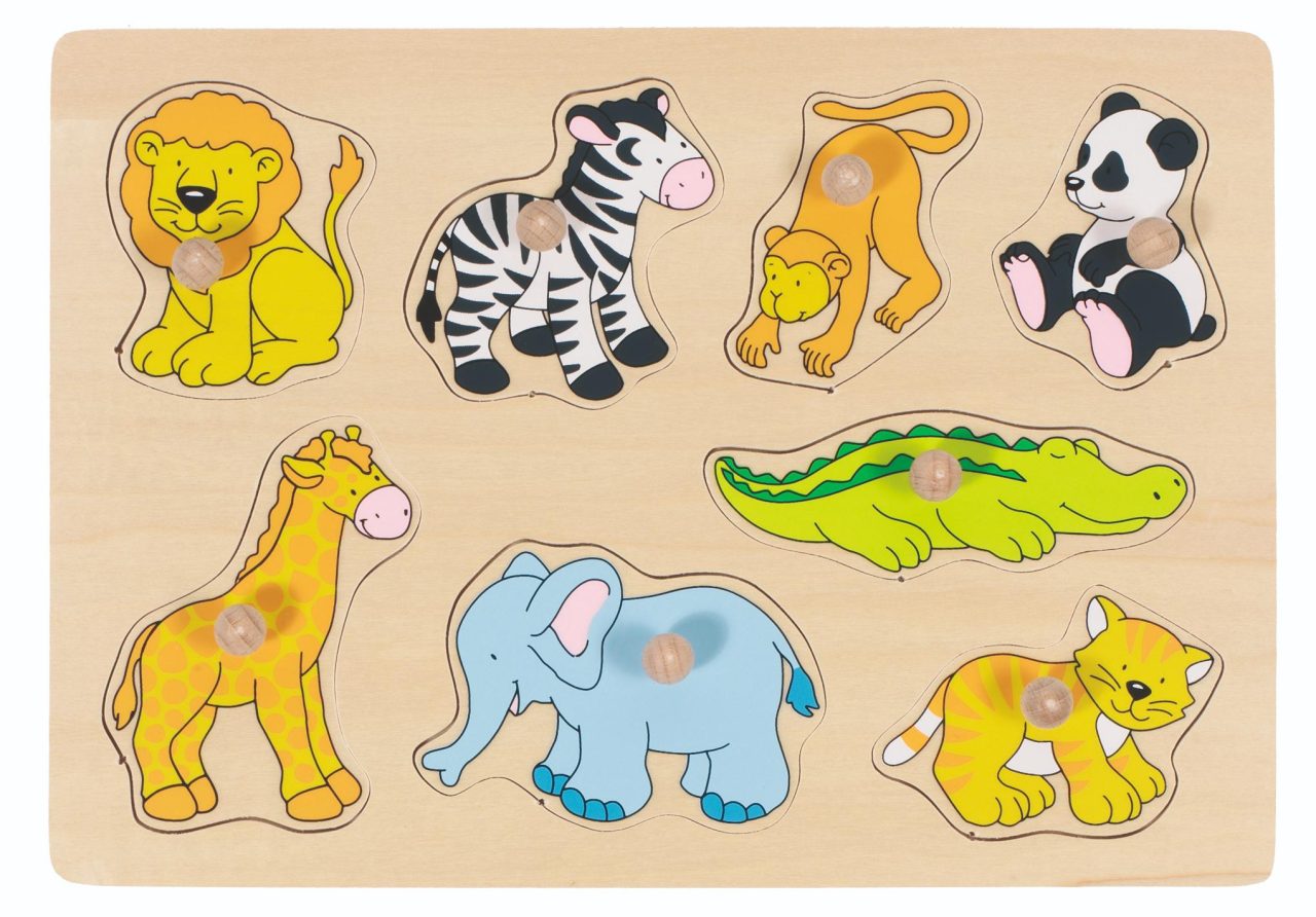 The Goki Lift-out Puzzle - Zoo Animals, a wooden peg puzzle with eight pieces including a lion, zebra, elephant, and panda.
