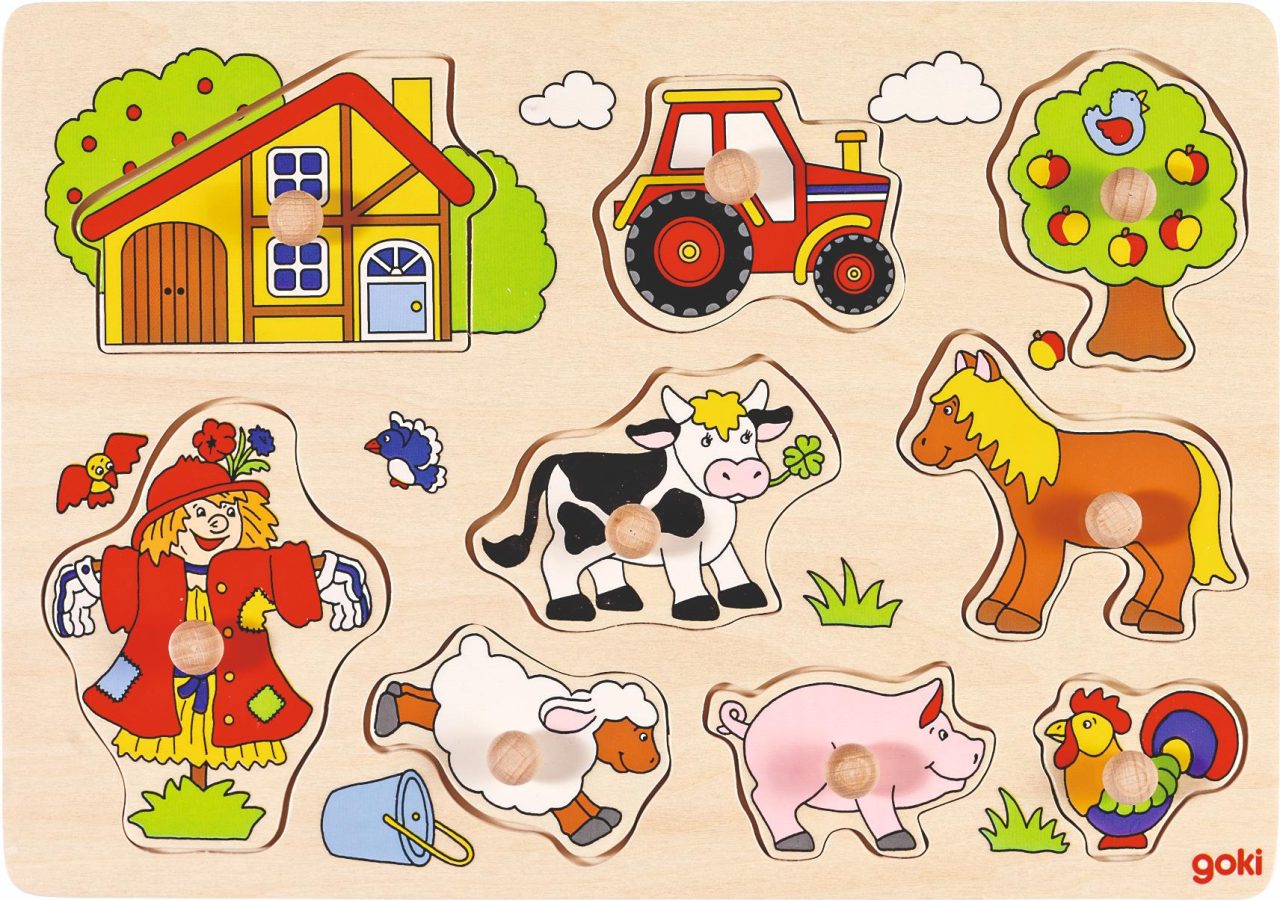 The Goki Lift-out Puzzle - Farm, a wooden peg puzzle board with nine pieces showing a farmhouse, tractor, scarecrow, and various farm animals.