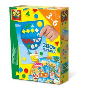 The SES Creative I Learn to Recognize Shapes sticker activity set, showing the box, the shape stickers, and the 16 illustrated cards.