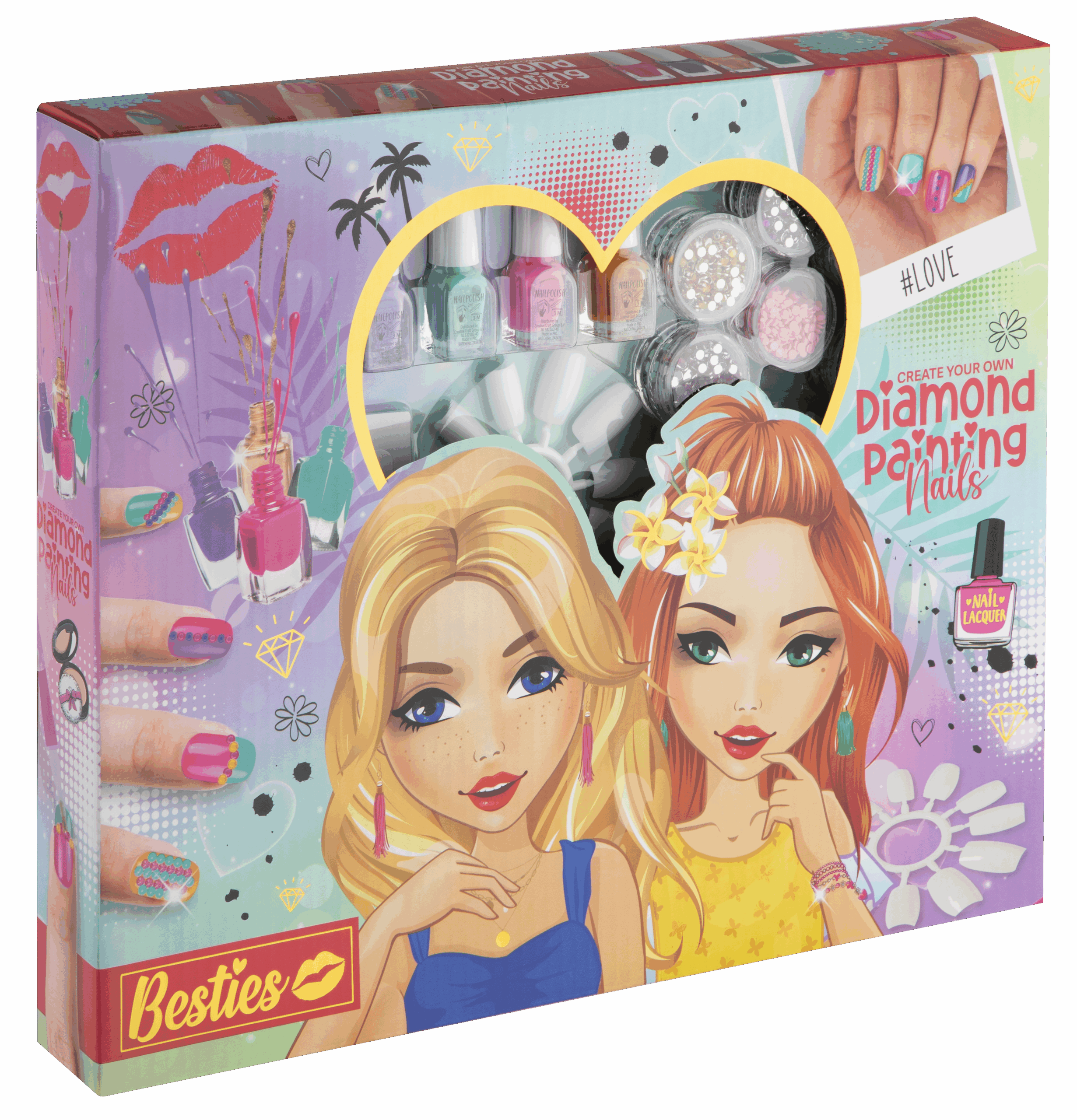 The Besties Diamond Painting Nails kit, showing nail polishes, false nails, and sparkly gems for creating unique nail art designs.