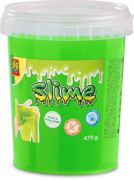 A large 470g tub of SES Creative super washable neon green slime, showing the resealable container and key product features.