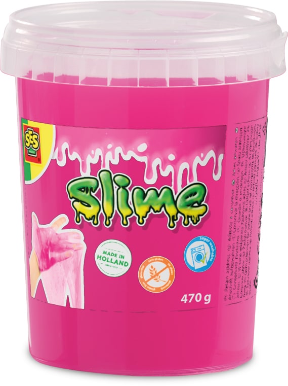 A large 470g tub of SES Creative super washable neon pink slime, showing the resealable container and key product features.