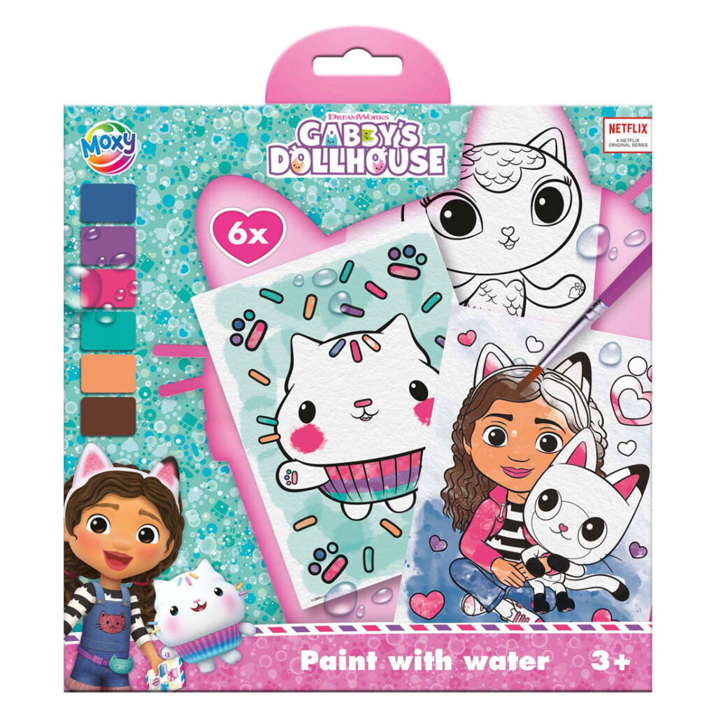 The Moxy Gabby's Dollhouse Paint with Water set, showing the six magic reveal colouring cards, paintbrush, and watercolour palette.