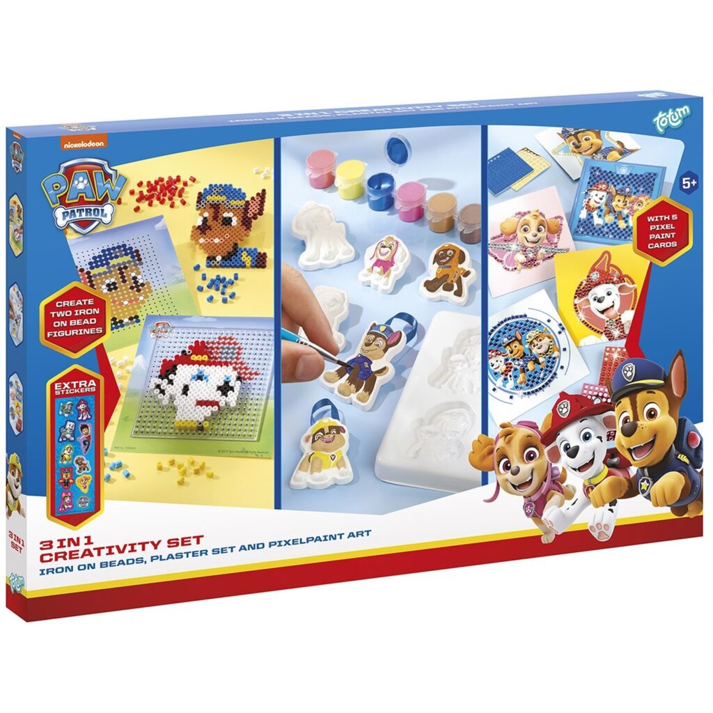 The box for the Totum Paw Patrol 3-in-1 Plaster & Craft Set, showing the included iron-on beads, plaster painting figures, and pixel art activities.