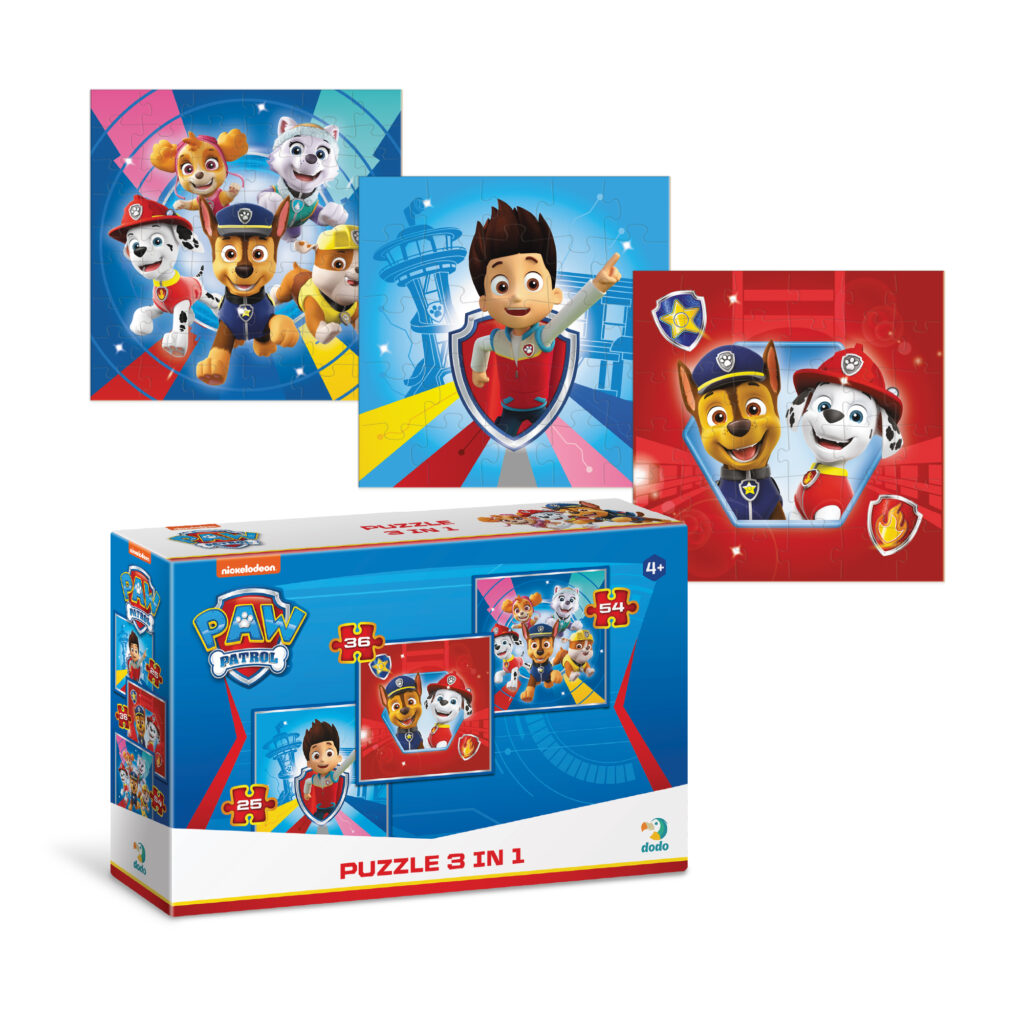 The box for the Dodo Paw Patrol 3-in-1 Jigsaw Puzzle Set, displaying the three separate puzzle images of Ryder, Chase & Marshall, and the whole team.