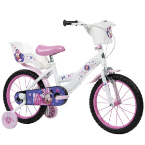 A white and pink 16-inch Toimsa bike for girls, featuring Disney Minnie Mouse graphics, with stabilisers, a front basket, and a rear doll carrier.