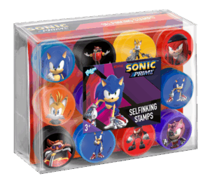 A box of 12 Totum Sonic Prime self-inking stamps, showing characters like Sonic, Tails, and Knuckles.