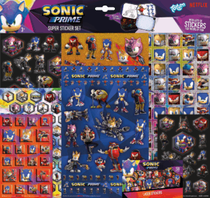 A large collection of sticker sheets from the Totum Sonic Prime super sticker set, showing hundreds of assorted character stickers from the Netflix show.