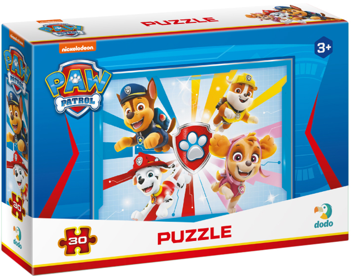 The box and completed puzzle image for the Dodo Paw Patrol 30-piece jigsaw puzzle, showing Chase, Marshall, Skye, and Rubble in action.