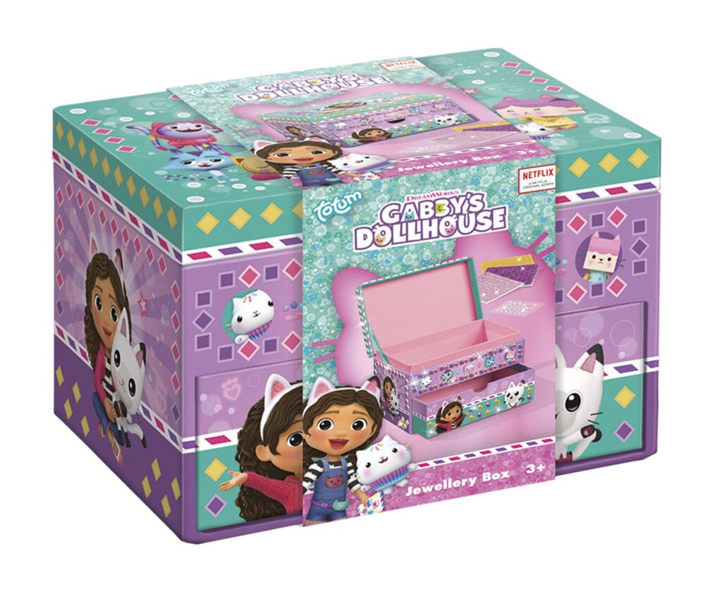 The Totum Gabby's Dollhouse jewellery box, a colourful storage box with a main compartment and a pull-out drawer, decorated with Gabby and Pandy Paws.