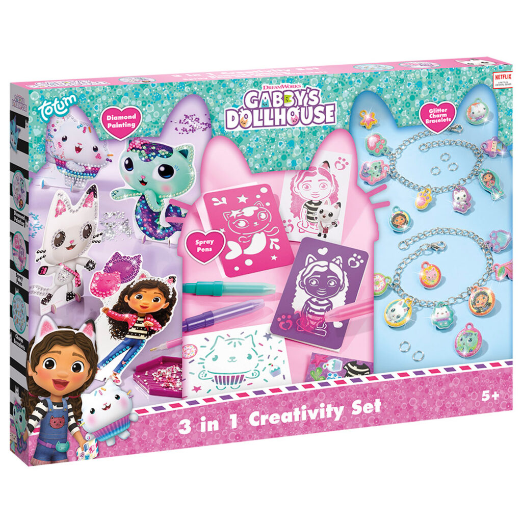 The box for the Totum Gabby's Dollhouse 3 in 1 creativity set, showing the contents for the diamond painting, spray pen art, and charm bracelet activities.