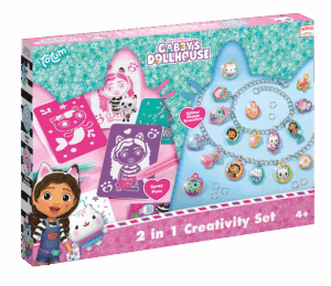 The box for the Totum Gabby's Dollhouse 2 in 1 creativity set, showing the included spray pen art and charm bracelet making activities.