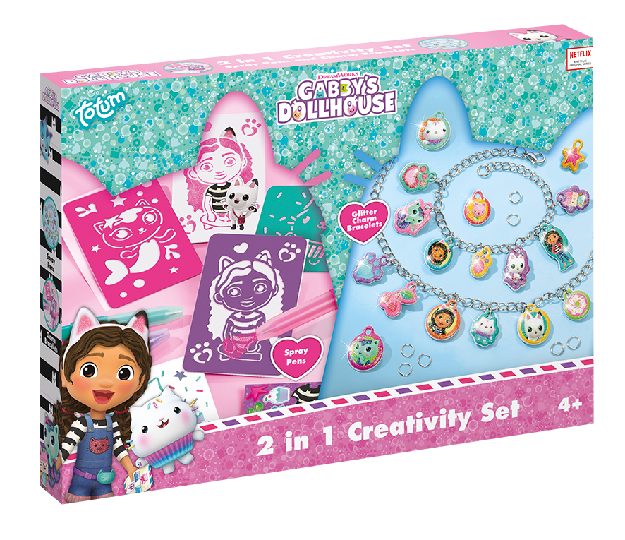 The box for the Totum Gabby's Dollhouse 2 in 1 creativity set, showing the included spray pen art and charm bracelet making activities.