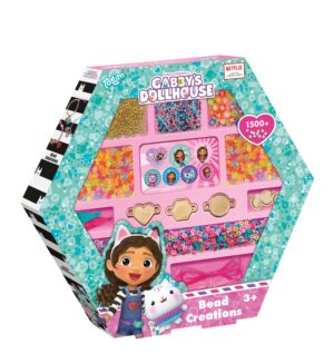 The hexagonal box of the Totum Gabby's Dollhouse bead creations set, showing the huge assortment of over 1500 beads and charms inside.