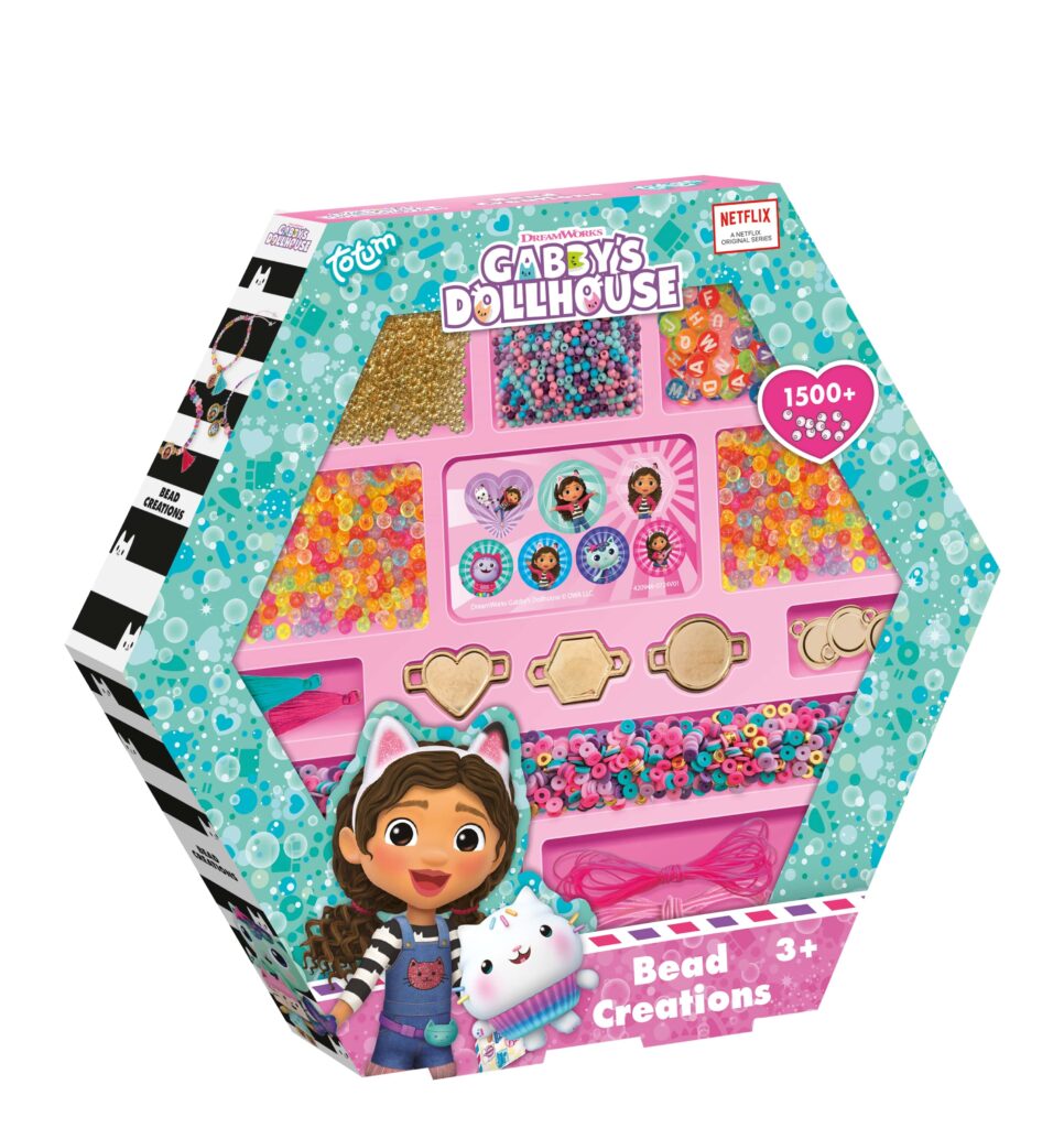 The hexagonal box of the Totum Gabby's Dollhouse bead creations set, showing the huge assortment of over 1500 beads and charms inside.