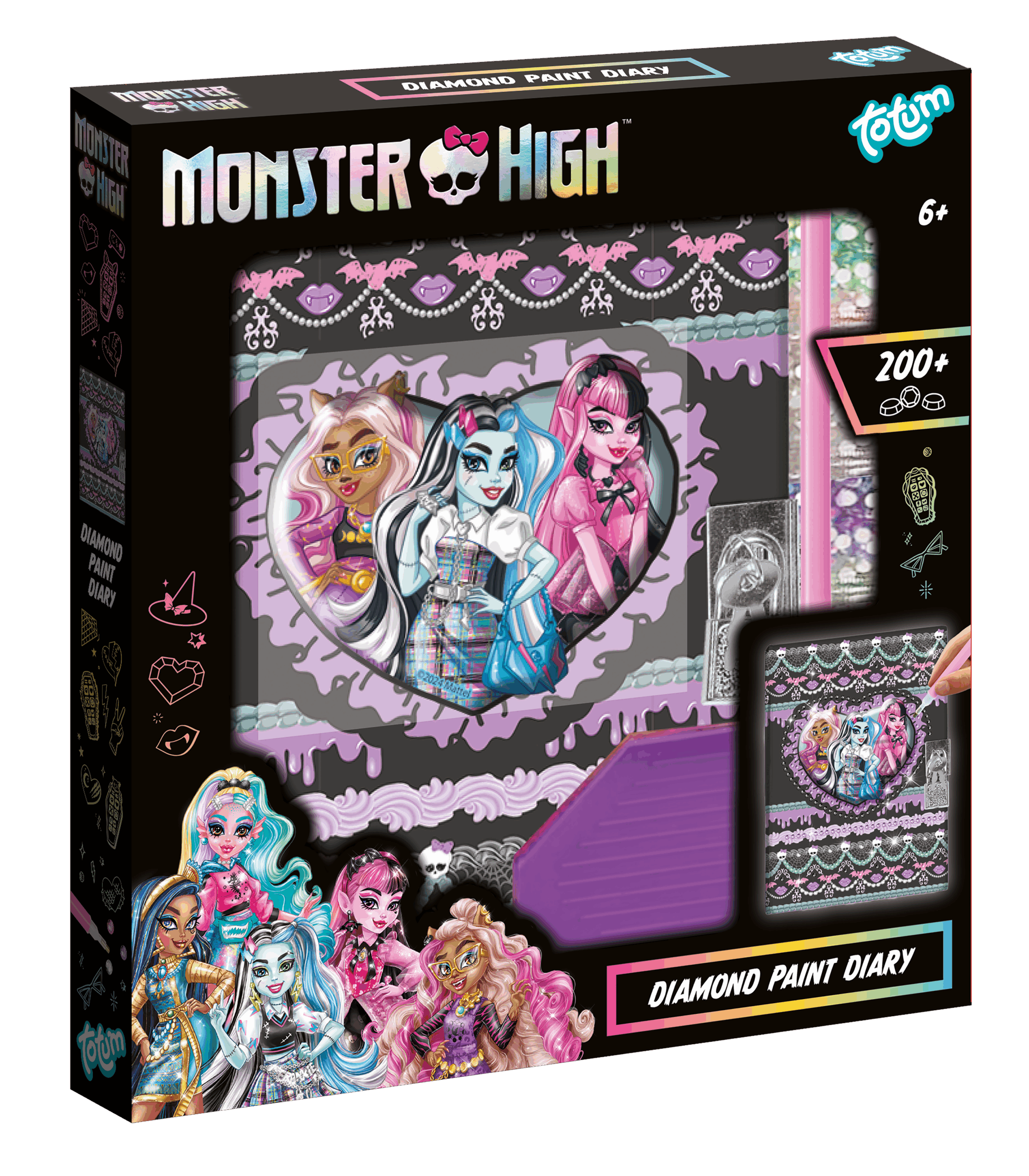 The box for the Totum Monster High diamond paint diary, showing the lockable journal which can be decorated with colourful gems.