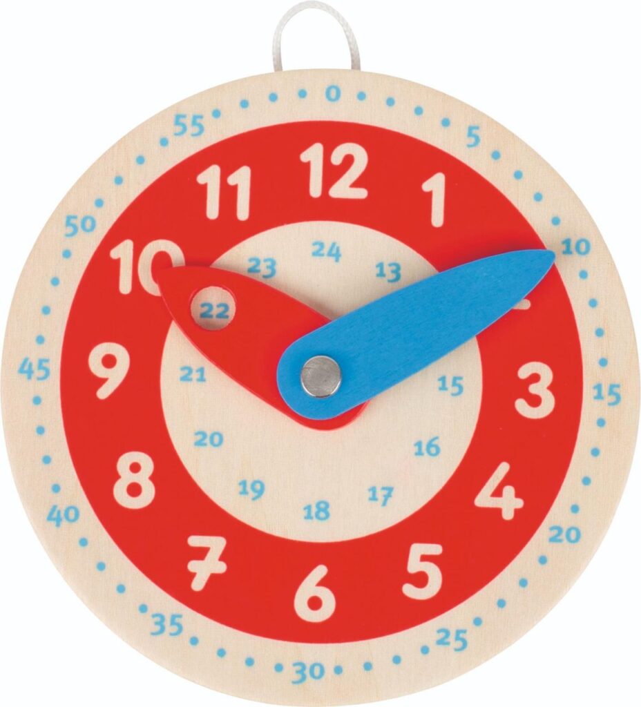 The Goki Learn to Tell the Time Clock, a wooden toy with a red face, blue minute hand, and clear markings for hours and minutes.