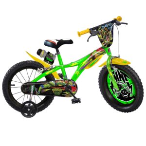Dino Bikes Teenage Mutant Ninja Turtles 14-inch bicycle with green steel frame, yellow handlebars, black TMNT graphics, removable stabilisers and caliper brakes for children aged 4-6 years