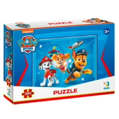 The box for the DODO Paw Patrol 30-piece jigsaw puzzle, featuring a colourful image of the characters Marshall, Skye, and Chase.