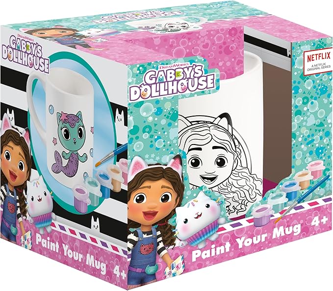 The Totum Gabby's Dollhouse paint your own mug kit, showing the mug with outlines of Gabby and MerCat, alongside the included paints.