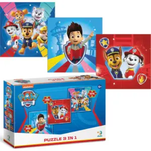 The DODO Paw Patrol 3-in-1 Jigsaw Puzzle set, showing the box and the three completed puzzles of Ryder, Chase and Marshall, and the whole pup team.