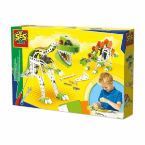 The SES Creative Metal Dinosaur Construction Set, showing the parts and tools required to build a T-Rex or a Stegosaurus model.