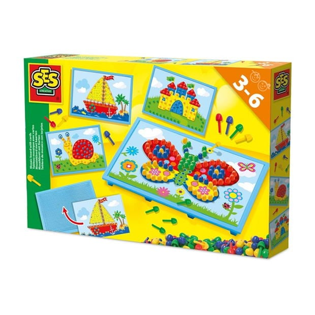 The SES Creative Mosaic Board with Cards set, showing the pegboard, colourful pegs, and example picture cards like a butterfly and a castle.