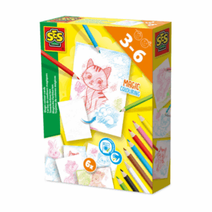 The SES Creative Magic Colouring Cards set, showing a child colouring with a pencil to magically reveal a hidden picture of a cat.