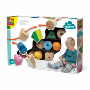 The SES Creative Tiny Talents Lacing Sensory Beads set, showing a toddler threading the large, multi-textured beads onto the safe breakaway cord.