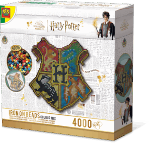 The SES Beedz Harry Potter Iron-On Beads set, showing the large pegboard and the finished, detailed Hogwarts crest made from 4000 beads.