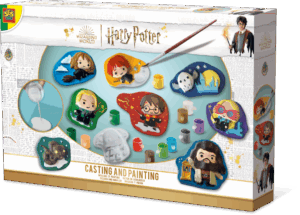 The SES Creative Harry Potter Casting and Painting kit, showing the plaster mould with various characters, paints, and finished figures of Harry, Ron, and Hermione.